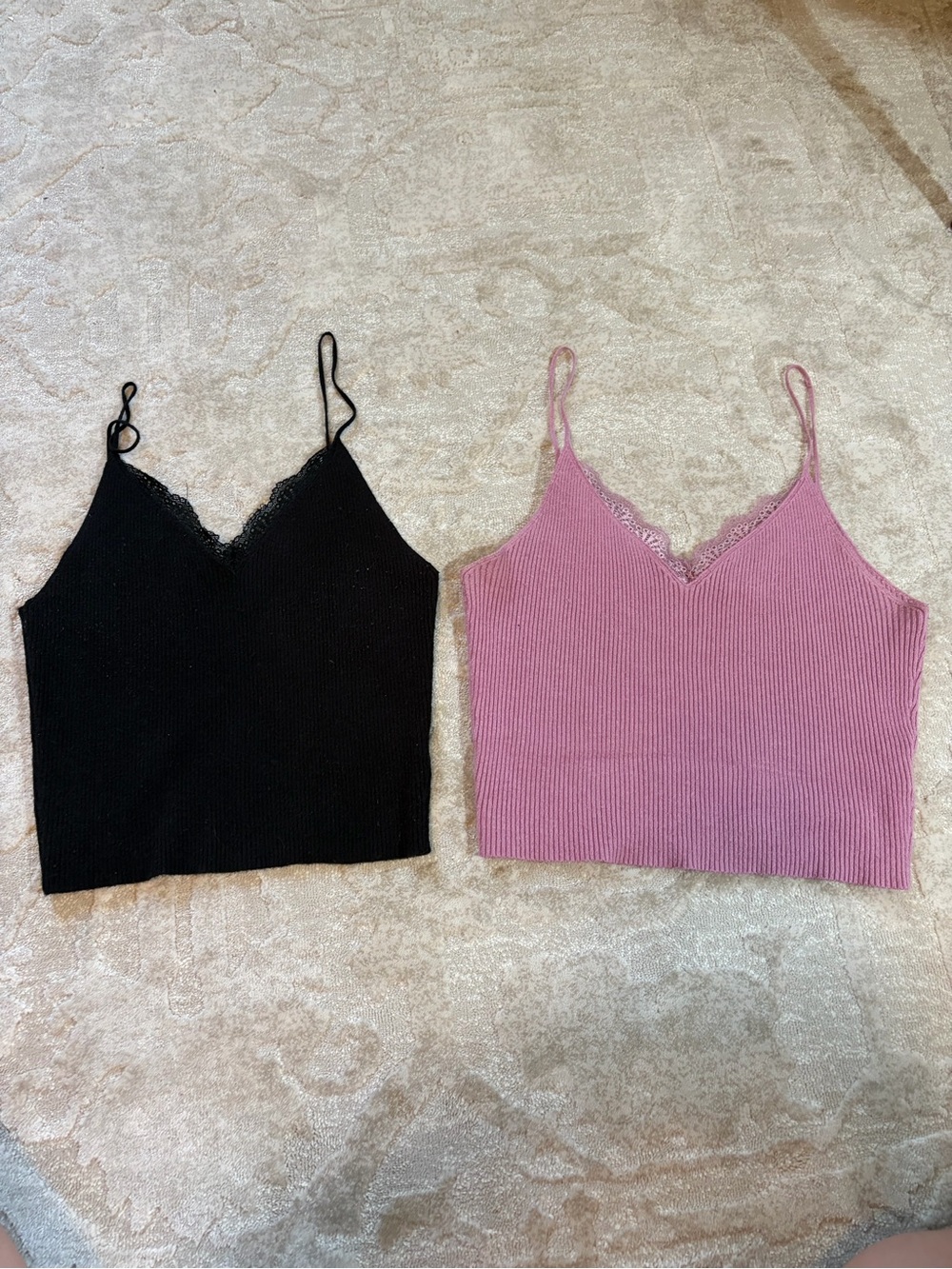 Set of 2 - Lace-Trim Ribbed Cami Tank Top - Black and Dusty Rose